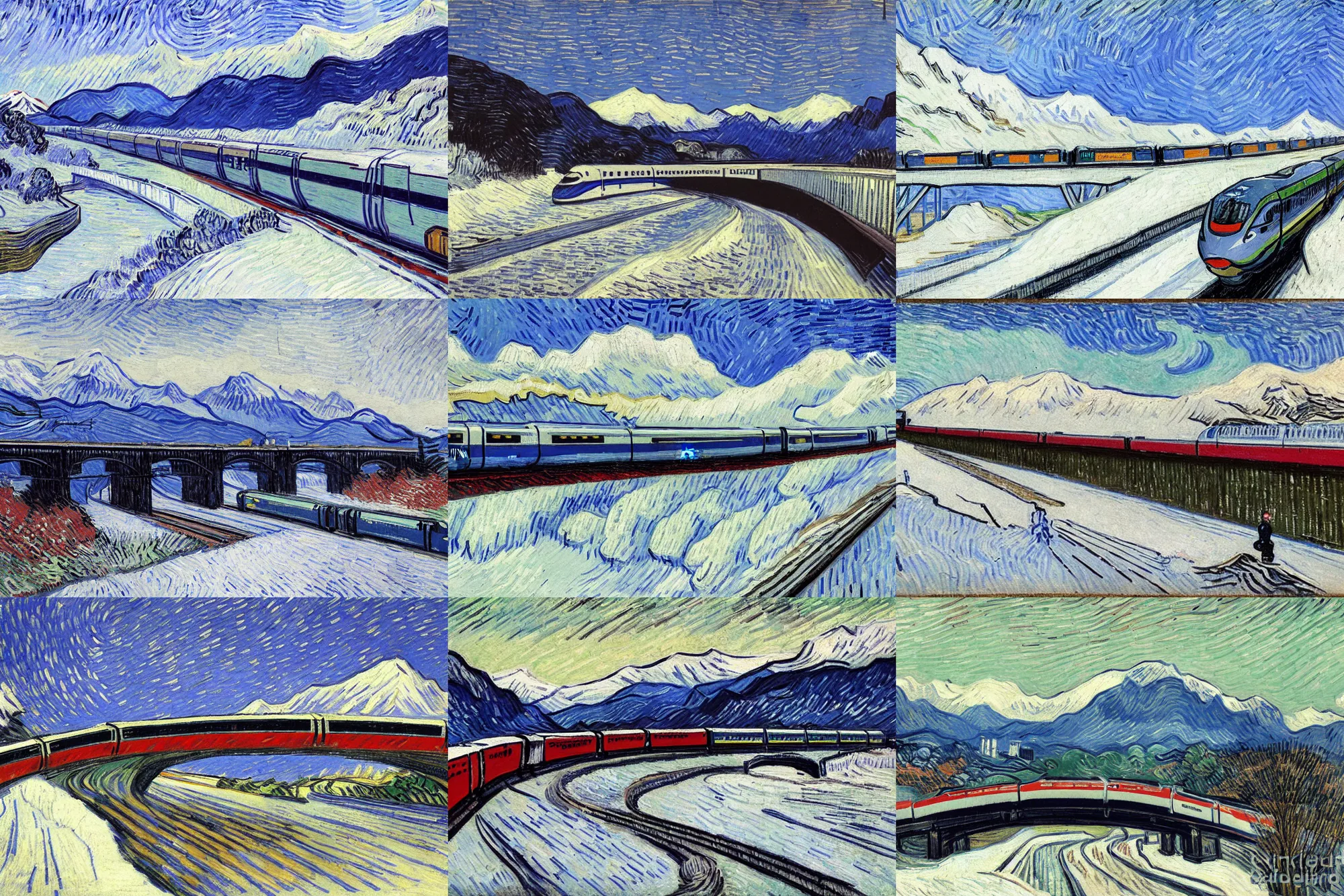 Prompt: shinkansen bullet train on a bridge over a river, about to enter a tunnel in a mountainous landscape of snow capped peaks, snowing, painting by vincent van gogh