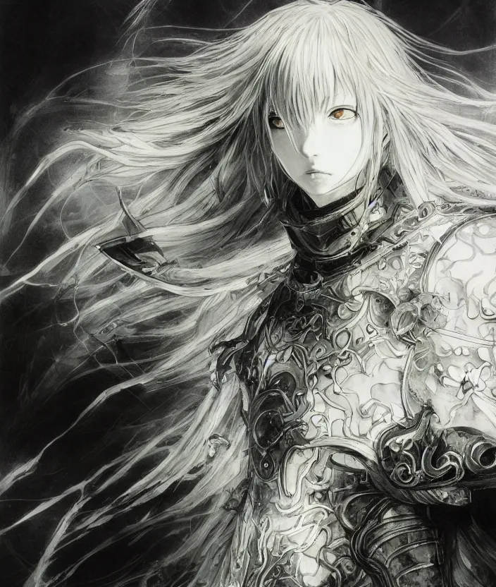 Image similar to Yoshitaka Amano realistic illustration of an anime girl with wavy white hair and cracks on her face wearing dark souls armour with the cape fluttering in the wind, abstract black and white patterns on the background, noisy film grain effect, highly detailed, Renaissance oil painting, weird portrait angle