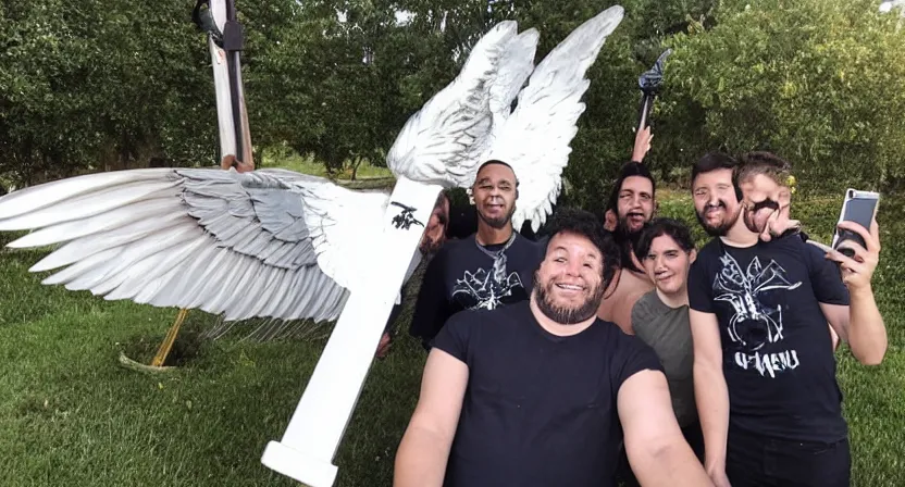 Prompt: happy angel of death taking a group selfie with his scythe, all kinds of calamities