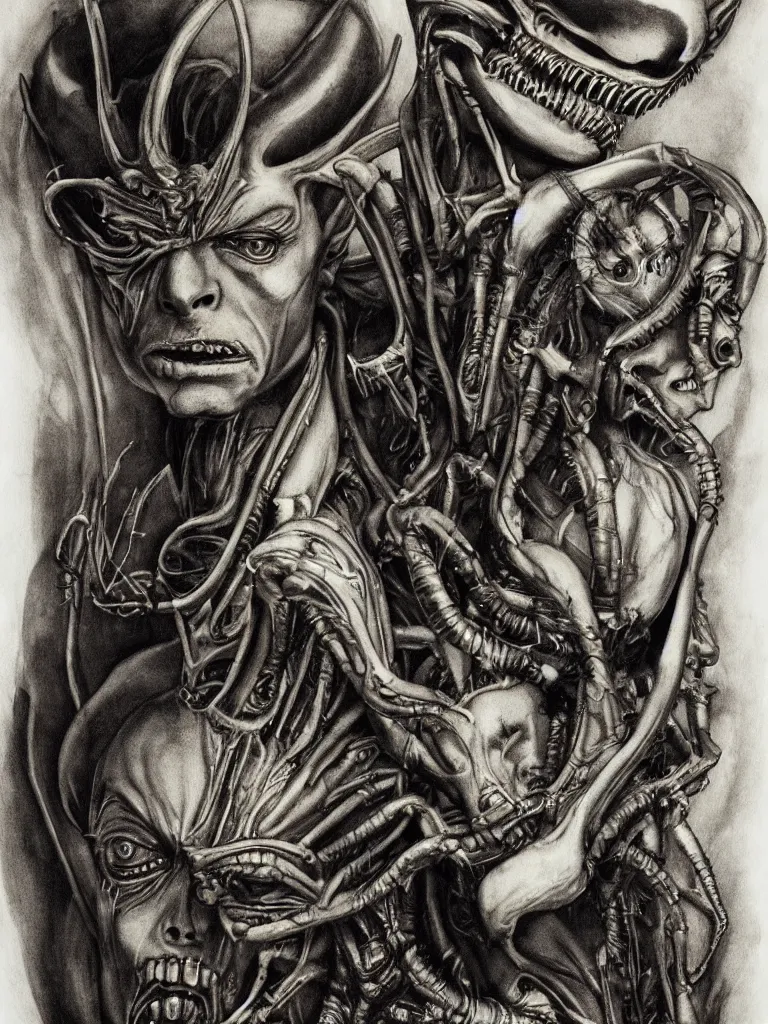 Image similar to a beautiful portrait of david bowie with a xenomorph alien queen by h.r. giger and by arthur rackham, detailed, proportional, trending on art station, 4k