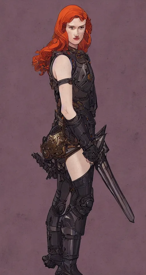 Image similar to redhead mackenzie davis actress wearing black armour with bare legs, mucha, hard shadows and strong rim light, art by jc leyendecker and atey ghailan and sachin teng