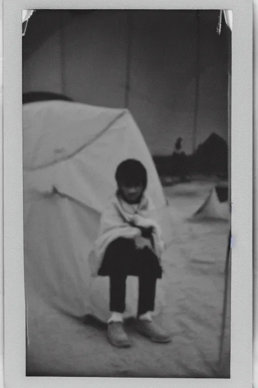 Image similar to photo polaroid of a sad and lonely child in a white coat stands in the middle many big tents of field hospitals, pandemic, covid, loneliness, black and white ,photorealistic, 35mm film,