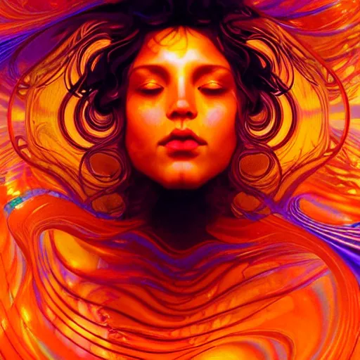 Prompt: transcendent mind bending indigo waves of glossy psychedelic liquid honey flowing like kaleidoscopic translucent amber, lsd waves, honey ripples, enlightenment, dramatic professional lighting, refracted sunset lighting, highly detailed, concept art, art by collier, albert aublet, krenz cushart, artem demura, alphonse mucha