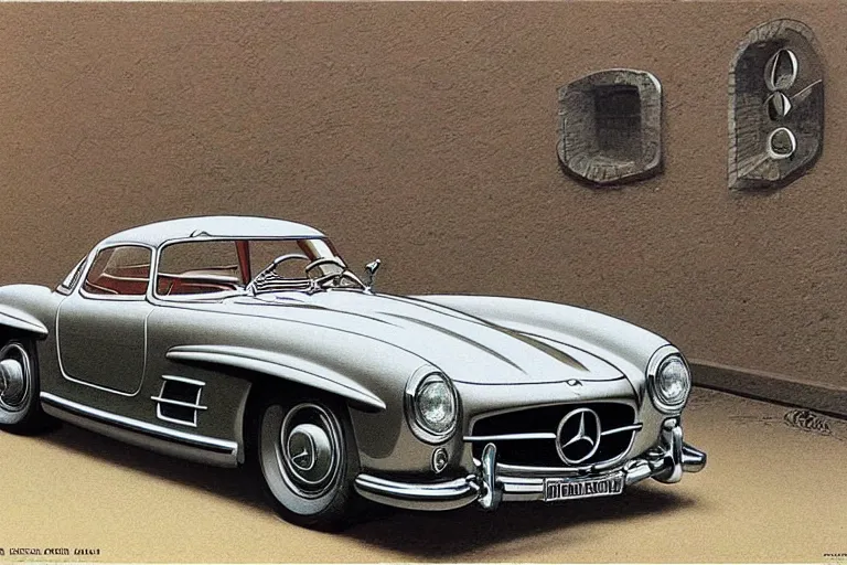 Image similar to intricate, 3 d, 1 9 5 5 mercedes ( ( ( 5 0 0 sl ) ) ), style by caspar david friedrich and wayne barlowe and ted nasmith.