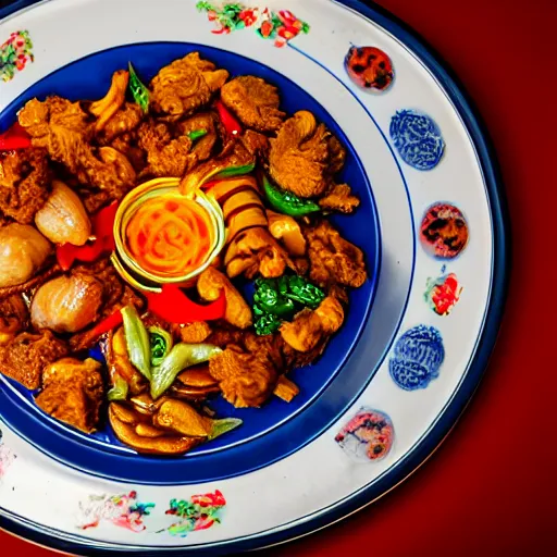 Prompt: beautiful food photography of a plate full of chinese food