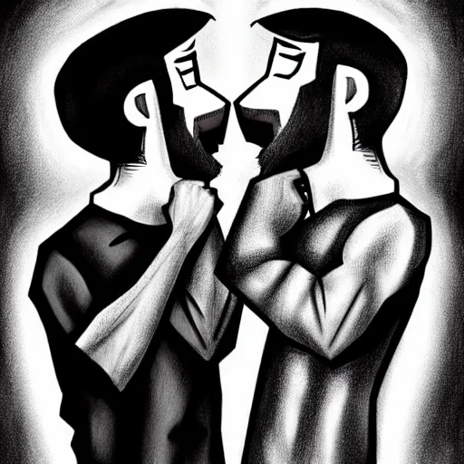 Image similar to two beautiful chad men drinking beers, many white hearts, friendship, love, sadness, dark ambiance, concept by Godfrey Blow, featured on deviantart, drawing, sots art, lyco art, artwork, photoillustration, poster art