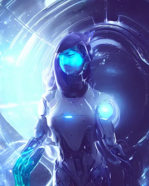 Image similar to perfect android girl on a mothership, warframe armor, beautiful face, scifi, futuristic, galaxy, nebula, raytracing, dreamy, long white hair, blue cyborg eyes, sharp focus, cinematic lighting, highly detailed, artstation, divine, by gauthier leblanc, kazuya takahashi, huifeng huang