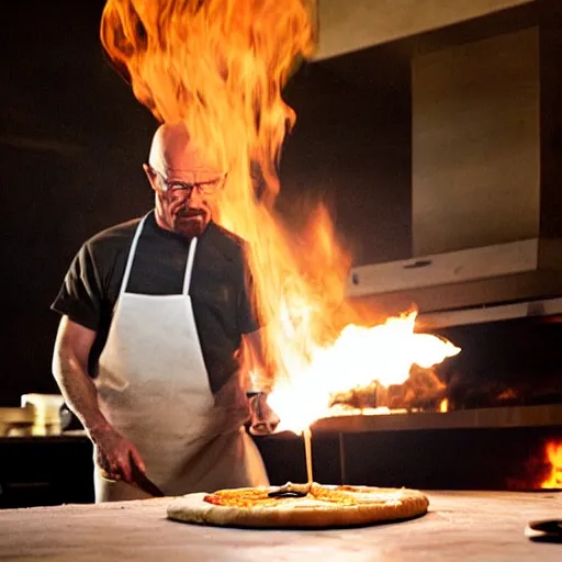 Prompt: Walter White making pizza in the desert, dramatic lighting, blowtorch, still from breaking bad (2010)