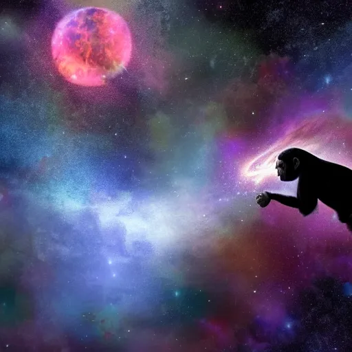 Image similar to a chimpanzee floating through outer space reaching out and touching nebula with it's finger, digital art, concept art, DeviantArt, art station illustration highly detailed artwork cinematic hyper realistic