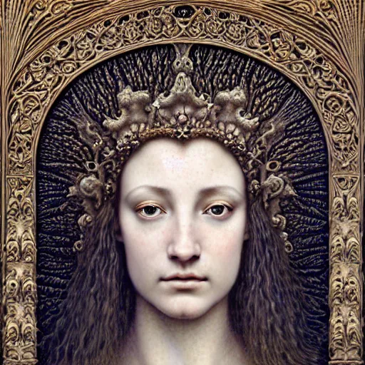 Image similar to detailed realistic beautiful young medieval queen face portrait by jean delville, gustave dore, iris van herpen and marco mazzoni, art forms of nature by ernst haeckel, art nouveau, symbolist, visionary, gothic, neo - gothic, pre - raphaelite, fractal lace, ai biodiversity, surreality, intricate hyper detailed ultra sharp octane render