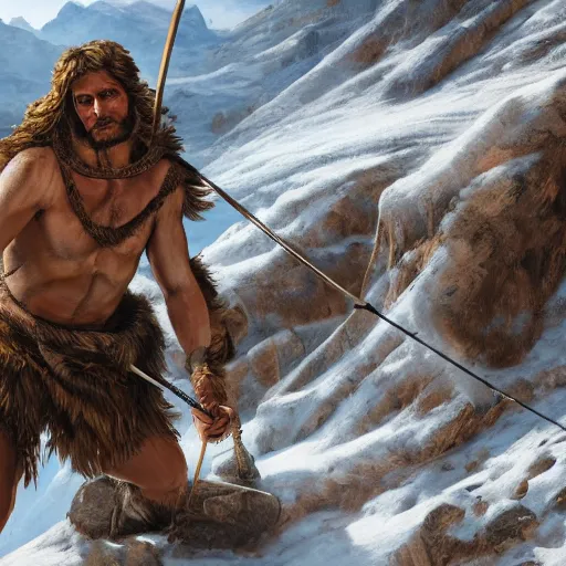 Prompt: bronze - age man, otzi, climbs a snowclad mountain landscape with an arrow stuck in his left shoulder, illustration, epic, fantasy, intricate, hyper detailed, artstation, concept art, smooth, sharp focus, ray tracing, vibrant, photorealistic, rossier, jessica