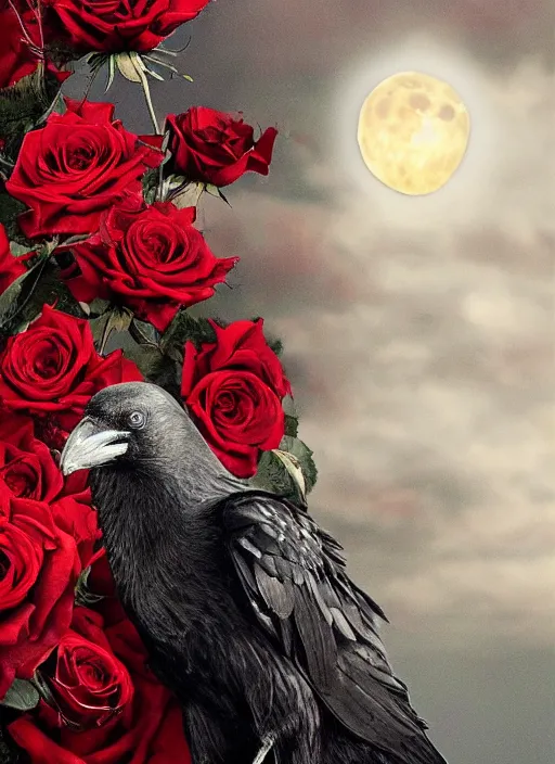 Prompt: red and golden color details, portrait, A crow with red eyes in front of the full big moon, book cover, red roses, red white black colors, establishing shot, extremly high detail, foto realistic, cinematic lighting, castle in the background, by Yoshitaka Amano, Ruan Jia, Kentaro Miura, Artgerm, post processed, concept art, artstation, raphael lacoste, alex ross, portrait, A crow with red eyes in front of the full big moon, book cover, red roses, red white black colors, establishing shot, extremly high detail, photo-realistic, cinematic lighting, by Yoshitaka Amano, Ruan Jia, Kentaro Miura, Artgerm, post processed, concept art, artstation, raphael lacoste, alex ross