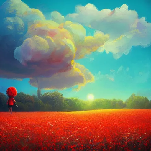 Image similar to giant red flower afro, full body, girl floating in the middle of a field with flowers, surreal photography, hills, sunrise dramatic light, impressionist painting, colorful clouds, digital painting, pointillism, artstation, simon stalenhag