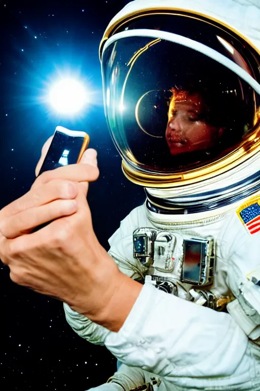 Image similar to extremely detailed studio portrait of space astronaut taking a selfie, holds a smart phone in one hand, phone!! held up to visor, reflection of phone in visor, moon, extreme close shot, soft light, golden glow, award winning photo by letizia battaglia