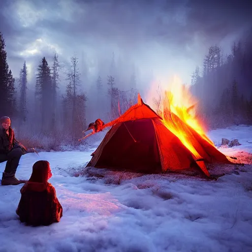 Image similar to stalker and witcher sitting near campfire, by marc adamus, beautiful dramatic lighting