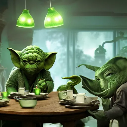 Prompt: green elephants with yoda ears at a tea party, greg rutkowski and jason chan highly detailed cinematic lighting octane render unreal engine