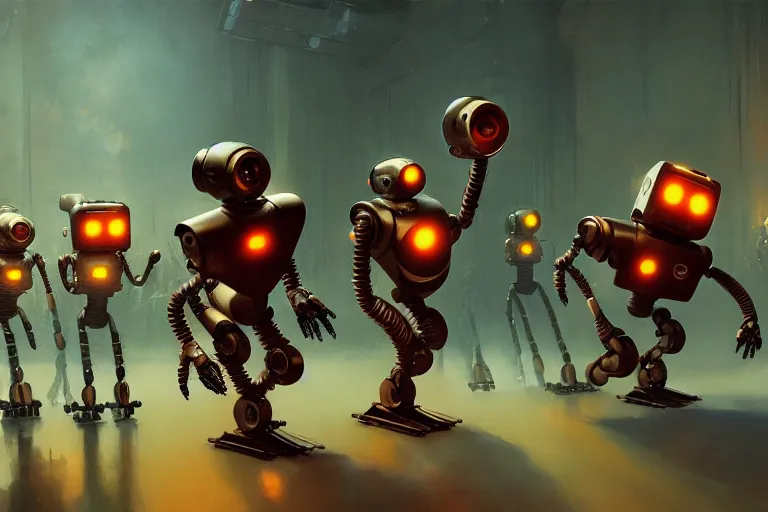 Prompt: robots dancing by otto dix and greg rutkowski and andreas rocha, cinematic lighting, warm colours, ultra realistic, unreal engine, trending on artstation, 4 k