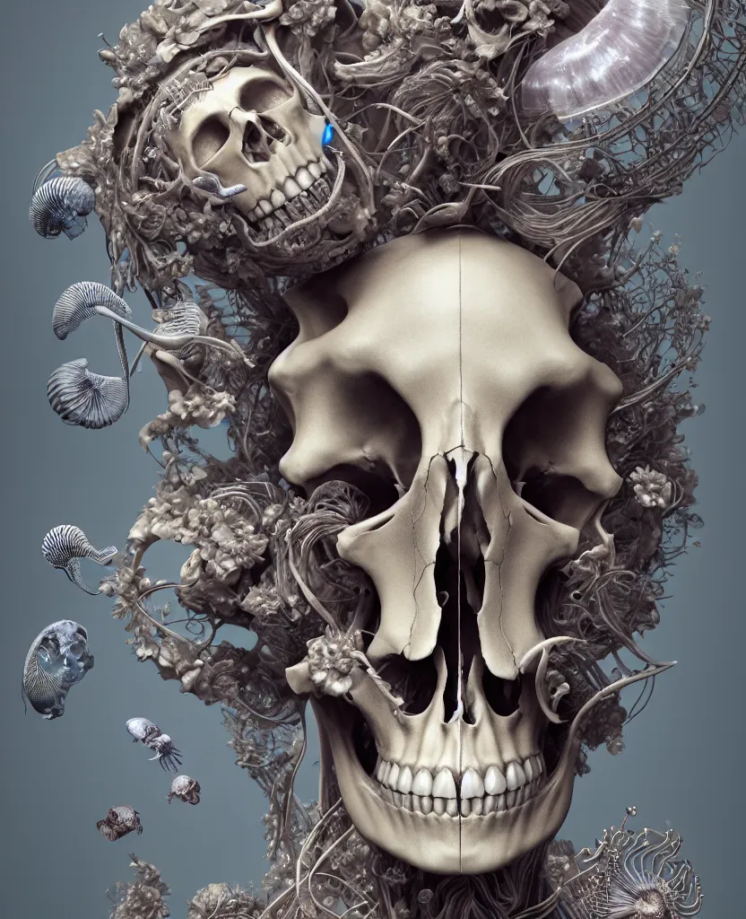 Image similar to goddess close-up portrait human skeleton, ram skull, skeleton, thorax, x-ray, backbone, jellyfish phoenix head, nautilus, orchid, skull, betta fish, bioluminiscent creatures, intricate artwork by Tooth Wu and wlop and beeple. octane render, trending on artstation, greg rutkowski very coherent symmetrical artwork. cinematic, hyper realism, high detail, octane render, 8k