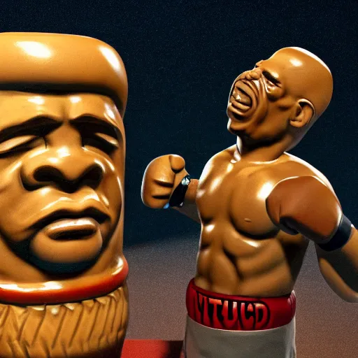 Prompt: a photorealistic photograph of a Trader Vic's Tiki Mug featuring Mike Tyson boxing at bar Trending on Artstation, featured on Behance, well-rendered, Unreal Engine, 4K HD