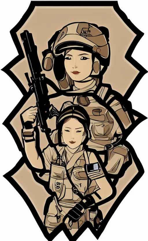 Image similar to patch design, soldier girl, by shibafu, illustration, artstation, insignia, soldier clothing, military gear, vector line art