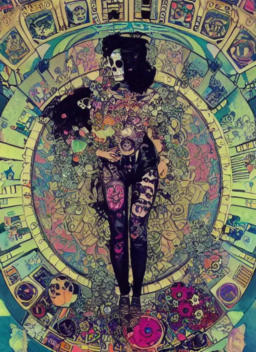 Prompt: cute punk goth fashion fractal Día de los Muertos tattooed girl posing in a astronaut suit, psychedelic poster art of by Victor Moscoso Rick Griffin Alphonse Mucha Gustav Klimt Ayami Kojima Amano Charlie Bowater, masterpiece