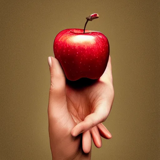 Prompt: hyperrealistic hand with a snake in between the fingers and an apple