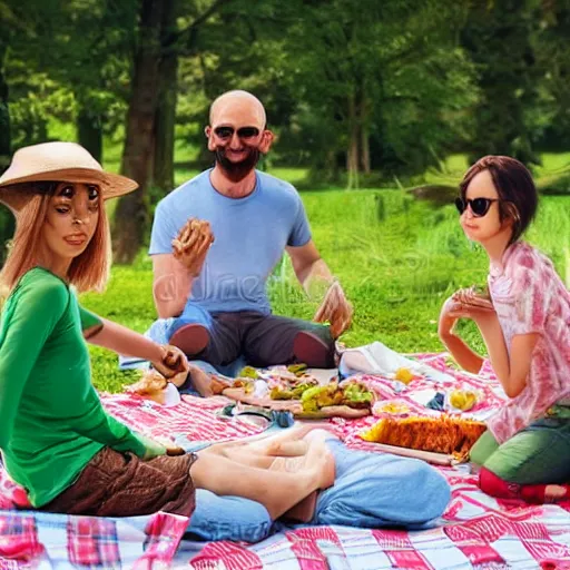 Image similar to having a picnic with my alien family, trending on artstation, stock photo, 4 k photorealism, 4 k quality