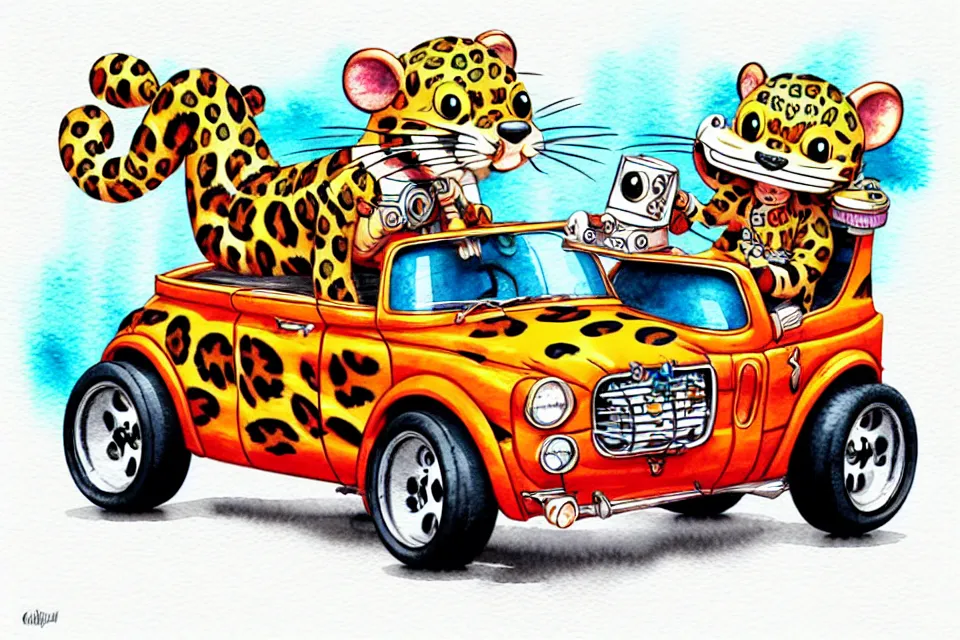 Prompt: cute and funny, leopard riding in a tiny hot rod with oversized engine, ratfink style by ed roth, centered award winning watercolor pen illustration, isometric illustration by chihiro iwasaki, edited by range murata, tiny details by artgerm and watercolor girl, symmetrically isometrically centered