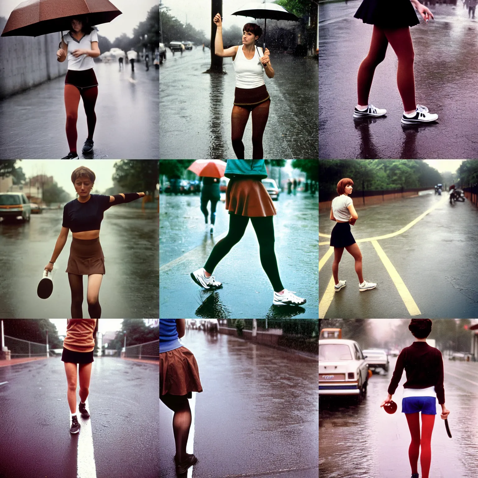 Prompt: A woman walking, tennis wear, mouth, brown short hair, tights; on the street, rainy; 90's photograph, focus on torso,