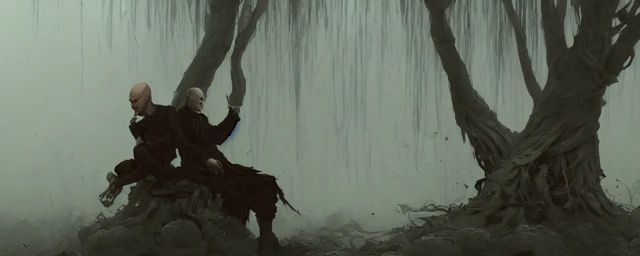 Image similar to duotone noir illustration close up of bald merchant demon sitting below willow tree in medieval brown tunic. foggy evening. dark dream atmosphere with volumetric hellish lighting, by sachin teng and sergey kolesov and ruan jia and heng z. graffiti art, scifi, fantasy, hyper detailed. octane render. concept art. trending on artstation