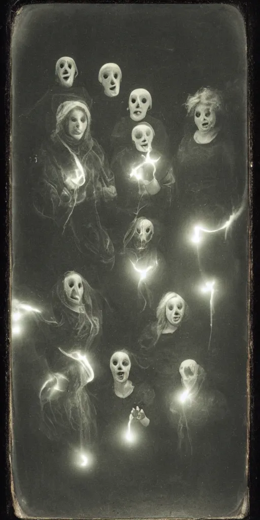 Prompt: spirit group photography with glowing bulbous ectoplasm, scary shadow people, sleep paralysis demon, 1 9 0 0 s, slimer, invoke fear and dread, old photograph, daguerreotype