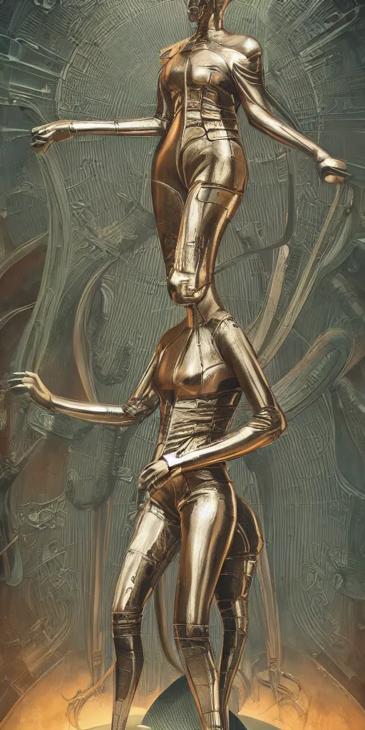 Prompt: Art Nouveau pulp sci fi magazine painting with no text, 1920s space costume designed by HR Giger, octane render, b3d, trending on artstation