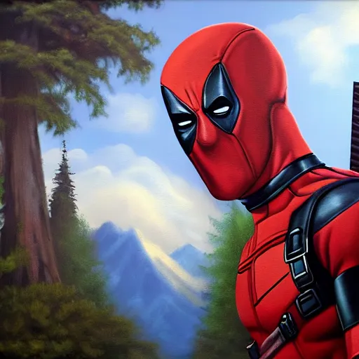 Image similar to a closeup photorealistic photograph of bob ross working on a canvas painting of deadpool. film still. brightly lit scene. mountains and trees. this 4 k hd image is trending on artstation, featured on behance, well - rendered, extra crisp, features intricate detail, epic composition and the style of unreal engine.