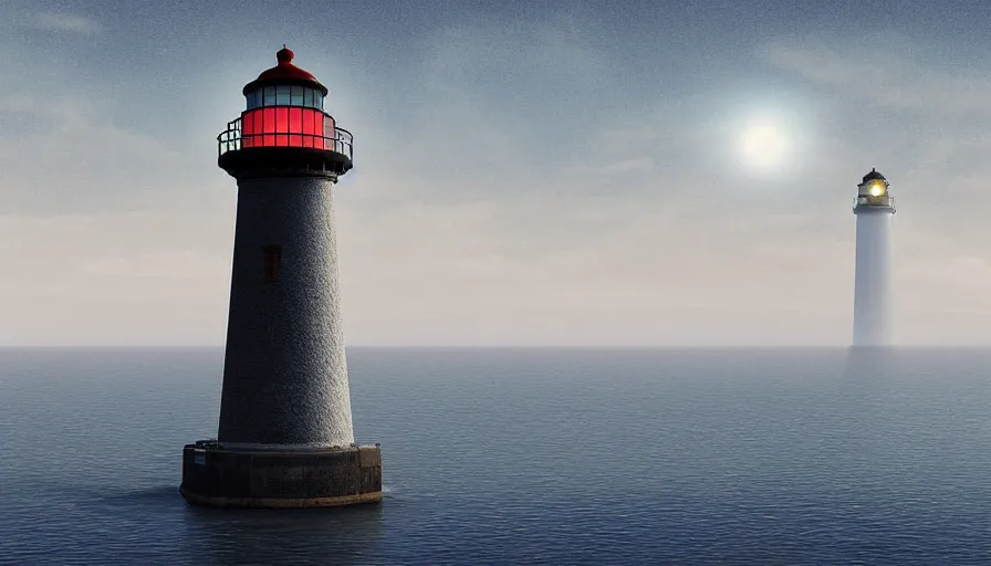 Image similar to a ufo hovers over a lighthouse out at sea, digital art, highly detailed, realistic, bright colors, 8 k