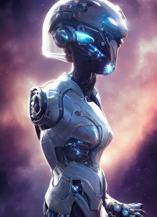 Image similar to photo of a cyborg girl on a space ship, warframe armor, beautiful face, scifi, nebula reflections, stars, professionally color graded, sharp focus, 8 k high definition, insanely detailed, intricate, innocent, art by stanley lau and artgerm