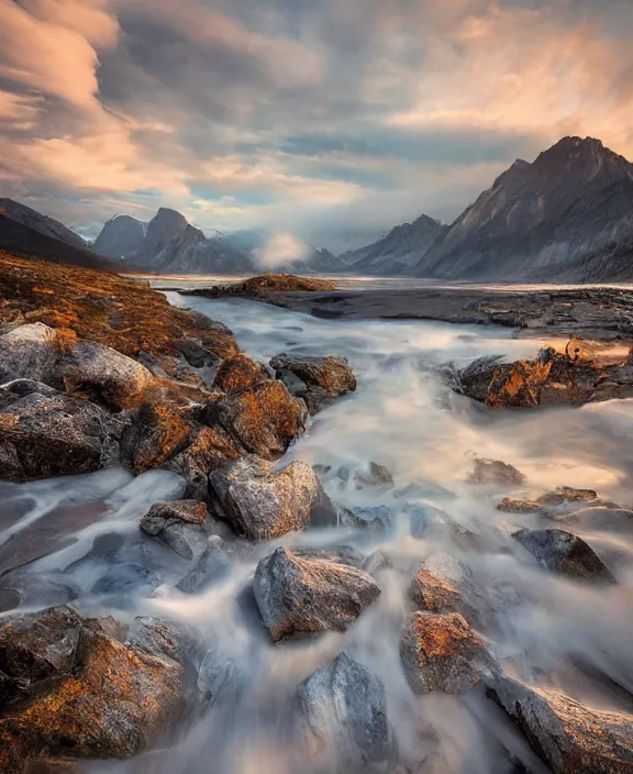 Image similar to amazing landscape photo of mountains with lakehouse at dusk by marc adamus, beautiful dramatic lighting, celestial nightsky stars