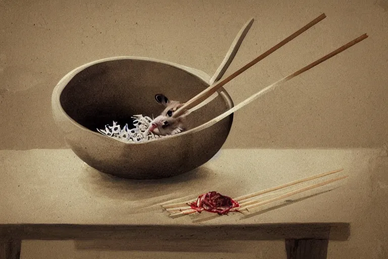 Image similar to a rat in a bowl with a few rice grains and broken chinese chopsticks, on a dirty table in poor apartments, dark atmosphere, digital art, very realistic