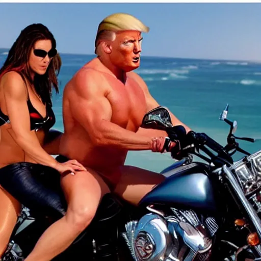 Image similar to perfect photo of extremely muscular Donald Trump in a Speedo, riding a Harley, very attractive woman on his motorcycle with him