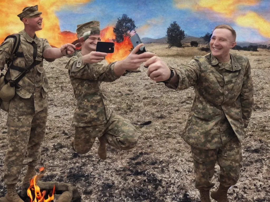 Prompt: a smiling soldier taking a selfie in front of fire, war scenery, surrealism aesthetic