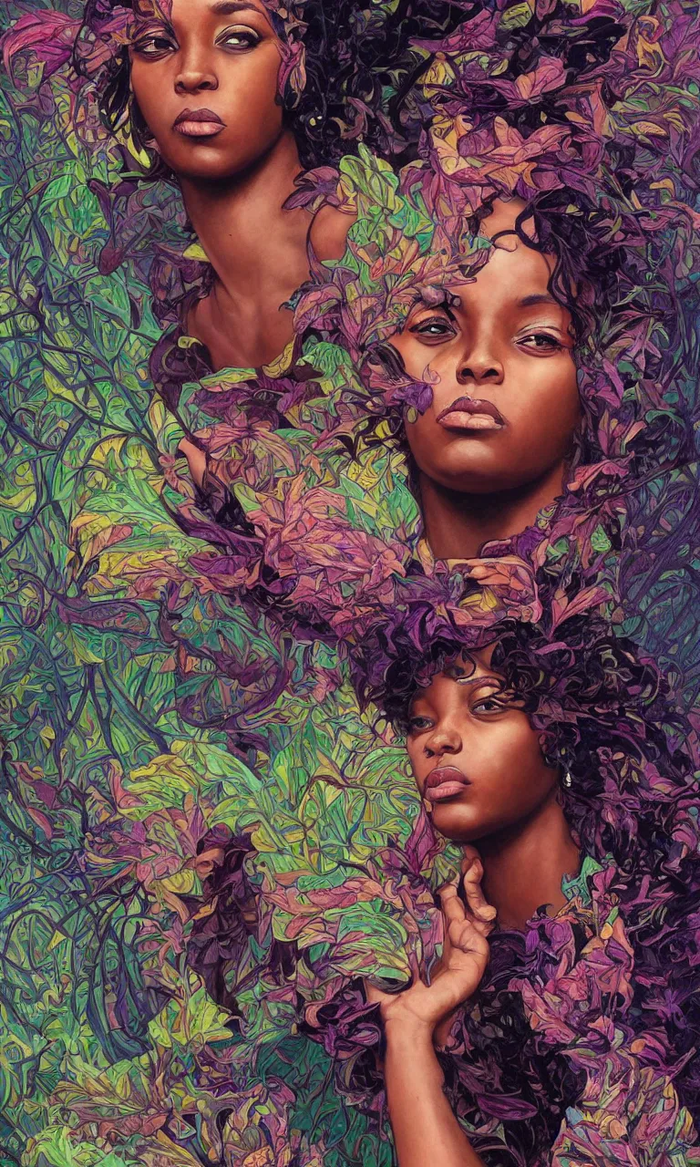 Image similar to A black woman having a reality bending psychedelic experience, colorful, distorted, surreal, tropical leaves and feathers, dramatic lighting on the face, intricate, elegant, highly detailed, digital painting, concept art, smooth, sharp focus, illustration, art by Krenz Cushart and Wayne Barlowe and alphonse mucha