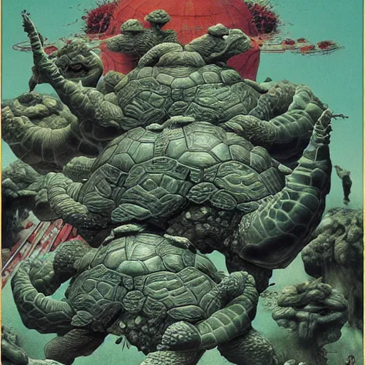 Image similar to senior genetically engineered ninja tortoises, weapons floating in the air, dark energy portals. cinematic horror by chris cunningham, junji ito, aleksandra waliszewska, richard corben, norman rockwell, highly detailed, vivid color, beksinski painting, part by adrian ghenie and gerhard richter. art by takato yamamoto. masterpiece