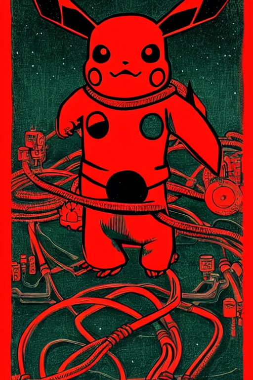 Pikachu Cyborg in Red surrounded by cables, 19th