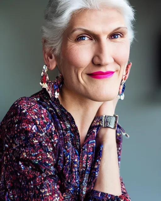 Image similar to A portrait of 18 year old Maye Musk, highly detailed, trending on artstation, bokeh, 90mm, f/1.4