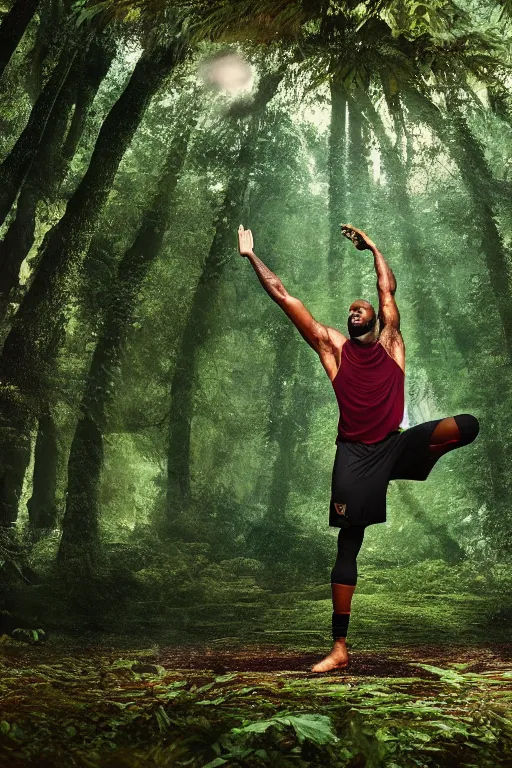 Image similar to lebron james doing yoga in the forest, cybertronian, long shot, cinematography by wes anderson, 4 k octane render, intricate detail, photorealistic, cinematic lighting, artstation