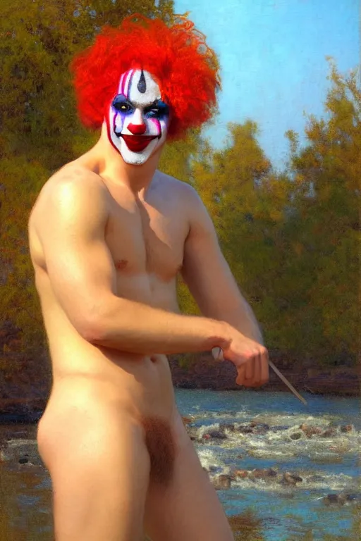 Prompt: attractive man by a river, bright sunlight, oil covered skin, wearing a clown wig and clown makeup, painting by gaston bussiere, craig mullins