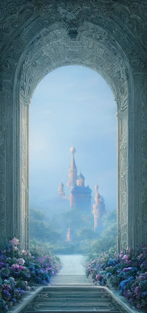 Image similar to vanishing point, palace like the kremlin in distance on a lake is covered with aqua blue roses, viewed from afar, stephen bliss, misty, unreal engine, fantasy art by greg rutkowski, loish, ferdinand knab, and lois van rossdraws,, global illumination, radiant light, minimalist, detailed and intricate environment