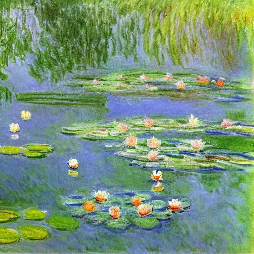 Prompt: some lovely waterlilies in a pond in the garden in france, by monet