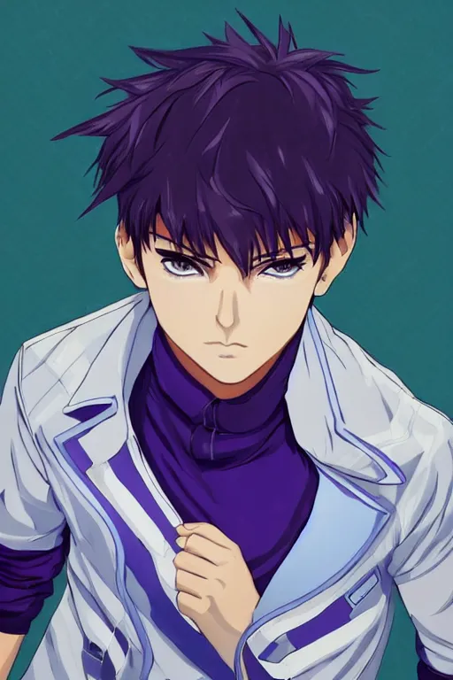 Prompt: portrait of a teen boy wearing a blue and white jumpsuit, brown spiky hair, tan skin, purple eyes, detailed, anime key visual, hisashi hirai