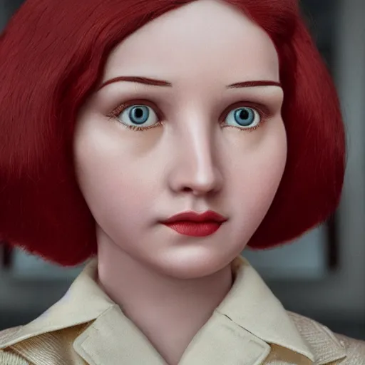 Prompt: a realistic image of a women from a wes anderson film looking at the camera mark ryden, 3 d 8 k ultra detailed