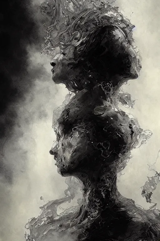 Image similar to portrait of a demon void woman sensual surrounded by smoke fumes, pen and ink, intricate line drawings, by craig mullins, ruan jia, kentaro miura, greg rutkowski